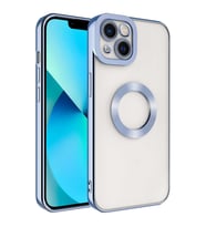 Apple iPhone 14 Kılıf Case, Logo Showing Serisi, Şeffaf, Kamera Korumalı, Logo Gösteren Renkli Çizgi Tasarım (Açık Mavi)
