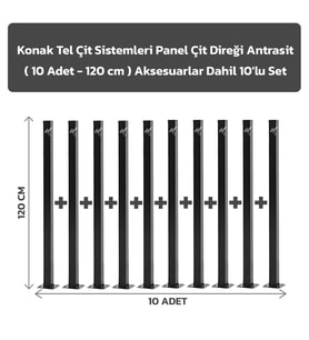 KONAK TEL ÇİT SİSTEMLERİ 10 ADET PANEL ÇİT DİREĞİ 120 CM AKSESUARLAR DAHİL (Antrasit)