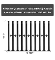 KONAK TEL ÇİT SİSTEMLERİ 10 ADET PANEL ÇİT DİREĞİ 120 CM AKSESUARLAR DAHİL (Antrasit)