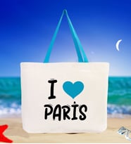 BK Gift I Love Paris Renkli Kulp Kanvas Plaj Çantası 48x40m, Baskılı Omuz Çantası, Alışveriş Çantası (Turkuaz)