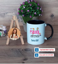 Psikoloji Öğretmeni Kupa Bardak Beyaz ve Fotoğraflı Ahşap Anahtarlık Hediye (Model 11)