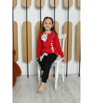 Yeni Sezon Kız Çocuk Garson Uzun Kollu Pamuk Cat Desen Penye Pijama Takımı 6053 (Kırmızı)