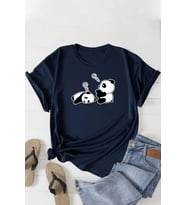 Unisex Uykucu Panda Baskılı Tasarım Tshirt (Lacivert)