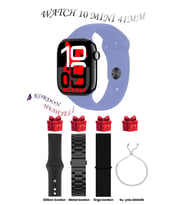 Samsung Galaxy M21 Uyumlu Açık Mavi Akıllı Saat Watch 10 Mini Kordon Hediyeli AMOLED EKRAN 41MM (Siyah - Lila)