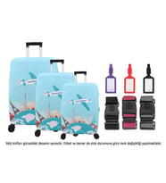 Bagacar Kalp 3lü Set Valiz Kılıfı, 3 lü Valiz Kemeri, 3lü Valiz Etiketi (Çok Renkli)