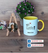 Gazeteci Kupa Bardak Beyaz ve Fotoğraflı Ahşap Anahtarlık Hediye (Model 7)