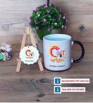 Grafiker Kupa Bardak Kırmızı ve Ahşap Anahtarlık Hediye (Model 8)
