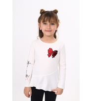 Toontoy Kız Çocuk Göğsü Pullu Fiyonklu Nakışlı T-Shirt (Ekru)
