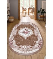 Dijital Baskılı Kaymaz Taban Yıkanabilir Oval Salon Halısı Mutfak Halısı Yolluk NDO-SD-587 (Kahverengi)