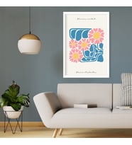 Tekli Ahşap Lamine Çerçeveli Mdf Tablo Pembe Mavi Çiçekler (Beyaz)