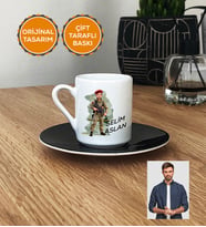 Kişiye Özel Karikatürlü Asker Türk Kahvesi Fincanı Askere Hediye Asker Sevgiliye Hediye (Siyah)