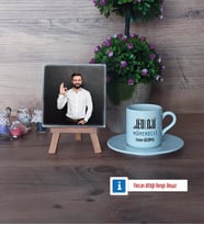 Jeoloji Mühendisi Fotoğraflı Dekoratif Taş, Ahşap Altlıklı Türk Kahvesi Fincanı Hediye (Model 2)