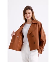 %100 Pamuk Gabardin Astarlı Oversize Geniş Kalıp Kadın Crop Kısa Trençkot 1122 (Taba)