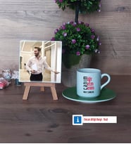 Öğretmene Hediye Fotoğraflı Dekoratif Taş, Ahşap Altlıklı Türk Kahvesi Fincanı Hediye (Model 9)
