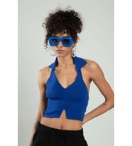 Sifu Tekstil  Kadın Spor V Açmalı Triko Polo Yaka Crop Top Büstiyer SFYZ1008 (Saks)