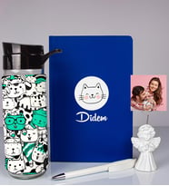 Kişiye Özel Defter Kalem Matara Ve Fotoğraflı Notluk Seti 93537 (Mavi)