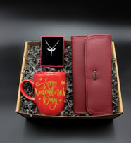 Happy Valentines Day Baskılı Kırmızı Kupa & Gümüş Kaplama Melek Kolye & Cüzdan Hediye Seti (Model 2)