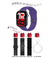 Samsung Galaxy M42 Uyumlu Açık Mavi Akıllı Saat Watch 10 Mini Kordon Hediyeli AMOLED EKRAN 41MM (Siyah - Mor) (Siyah-Mor)