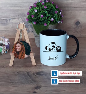 Sevimli Panda Kupa Bardak Beyaz ve Fotoğraflı Ahşap Anahtarlık Hediye (Model 11)