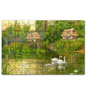 Cakapuzzle Göl Manzara Kulübeler Kuğu Çifti Yavrular Puzzle Yapboz MDF (Ahşap) (1000 Parça)