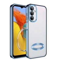 Samsung Galaxy M14 Kılıf Logo Yeri Açık Kamera Lens Korumalı Renkli Kenarlı Şeffaf Silikon (Mavi)