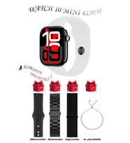 Samsung Galaxy M20 Uyumlu Açık Mavi Akıllı Saat Watch 10 Mini Kordon Hediyeli AMOLED EKRAN 41MM (Siyah - Beyaz)