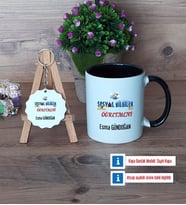 Sosyal Bilgiler Öğretmeni Kupa Bardak Kırmızı ve Ahşap Anahtarlık Hediye Öğretmenler Günü Hediyesi (Model 10)