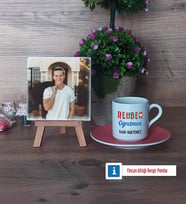 Rehber Öğretmen Fotoğraflı Dekoratif Taş, Ahşap Altlıklı Türk Kahvesi Fincanı Hediye (Model 6)