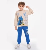 TRİLİYA-Çocuk Eşofman Takımı 3-10 Yaş, Dinazor Baskılı, Cepli Lüks Günlük ve Okul, Likralı Kumaş (Saks)