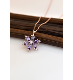 925 ayar Gümüş zincirli Rose Altın kaplamalı Zirkon taşlı Lotus Kamelya Çiçeği kolye (Ametist)