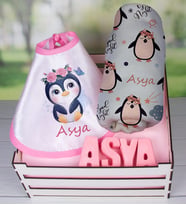 eJOYA Ahşap Sandıkta Kişiye Özel Önlük Battaniye Ve Taş İsimlik Bebek Hediye Seti 109721 (Pembe)