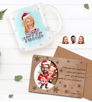 BK Gift Kişiye Özel Mutlu Yıllar Karikatürlü Kupa Bardak ve Retro Ahşap Yılbaşı Tebrik Kartı Hediye Seti-4 (Mavi)