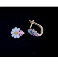 gümüş mineli klipsli pembe uğur böceği ve papatya çocuk küpesi (Altın)
