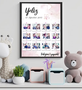 Kişiye Özel 12 Fotoğraf Baskılı-Mesajlı Pembe Bebek Tasarımlı Fotoğraf Çerçevesi (Beyaz)
