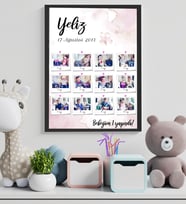 Kişiye Özel 12 Fotoğraf Baskılı-Mesajlı Pembe Bebek Tasarımlı Fotoğraf Çerçevesi (Beyaz)