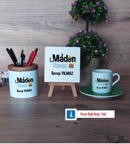 Maden Mühendisi Hediye Seti Dekoratif Taş, Kalemlik, Ahşap Altlıklı Türk Kahvesi Fincanı Hediye (Model 9)