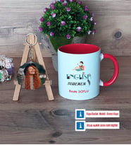 İngilizce Öğretmeni Kupa Bardak Beyaz ve Fotoğraflı Ahşap Anahtarlık Hediye Öğretmen Günü Hediyesi (Model 2)