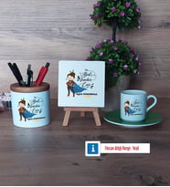Kadın Öğretmene Hediye Hediye Seti Dekoratif Taş, Kalemlik, Ahşap Altlıklı Türk Kahvesi Fincanı Hediye (Model 9)