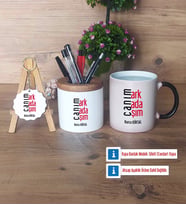 Arkadaşa Hediye Hediye Sepeti Kalemlik, Kupa Bardak Sihirli, Ahşap Anahtarlık Hediye (Model 1)