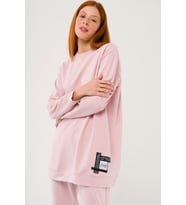 S-3991 Slogan Nakışlı Basic Oversize Sweatshirt Takım (Pudra)