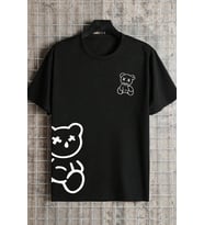 Unisex Draw Bear Baskılı Tasarım Tshirt (Siyah)