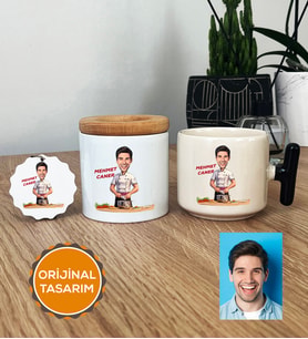 Kişiye Özel Karikatürlü Aşçı Hediye Seti T Kupa, Kalemlik, Anahtarlık Erkek Aşçıya Hediye (Siyah)