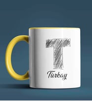 Kişiye Özel T Harfi Temalı Kara Kalem Tasarım Siyah Renk Kupa (Sarı)