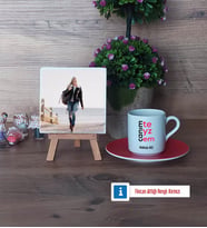 Teyzeye Hediye Fotoğraflı Dekoratif Taş, Ahşap Altlıklı Türk Kahvesi Fincanı Hediye (Model 3)