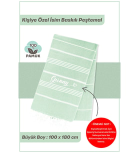giftcrea Kişiselleştirilebilir İsim Baskılı Peştemal Yerli Pamuk 100x180cm (XL) Peştamal ve Plaj Havlusu (Açık Yeşil)