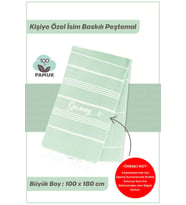 giftcrea Kişiselleştirilebilir İsim Baskılı Peştemal Yerli Pamuk 100x180cm (XL) Peştamal ve Plaj Havlusu (Açık Yeşil)