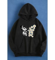 Papatya Kelebek Baskılı Oversize Sweatshirt (Siyah)