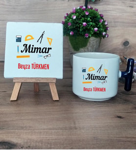 Mimar Hediye Seti Kupa Bardak T Kulplu ve Dekoratif Taş Mimarlar Günü Hediyesi (Model 2)