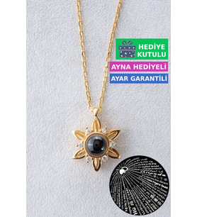 Jewelmim Gümüş Yüz 100 Farklı Dilde Seni Seviyorum Yazan Sarı Altın Kaplama 925 Ayar Kadın Gümüş Çiçek Kolye (Sarı)