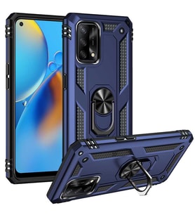 Oppo A74 4G Kılıf Yüzüklü Standlı Manyetikli Kamera Çıkıntılı Zırh Silikon (Mavi)